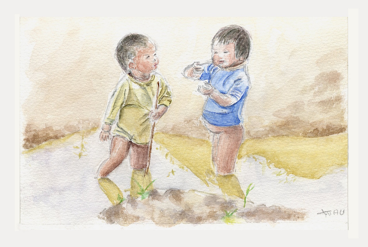 Enfants du Vietnam - Aquarelle copyright Christiane Rau 2013 d'après photo de Johann Rau