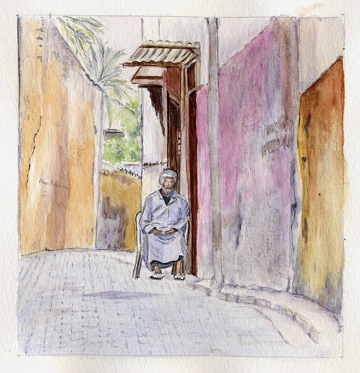 Scène de rue au Maroc - Aquarelle Christiane Rau 2012 d'après photo de Mataiva