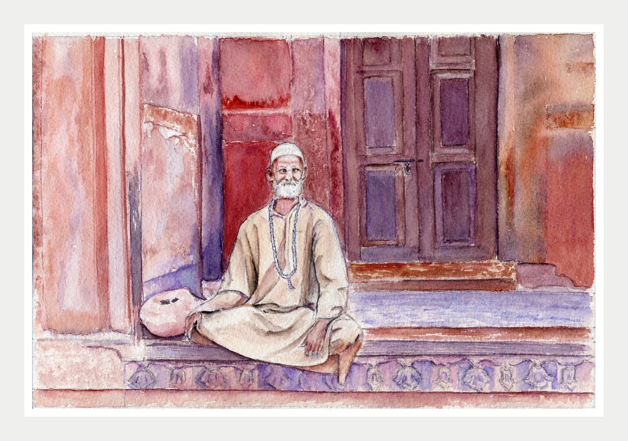 Moine en Inde - Aquarelle Copyright Christiane Rau  2013 d'après photo de Mataiva