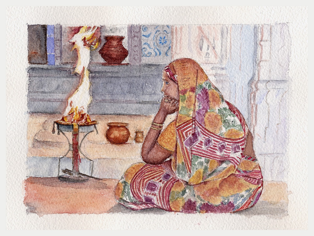 Dans un temple du Rajahstan - Aquarelle copyright Christiane Rau 2013 d'après photo de Julien Rau