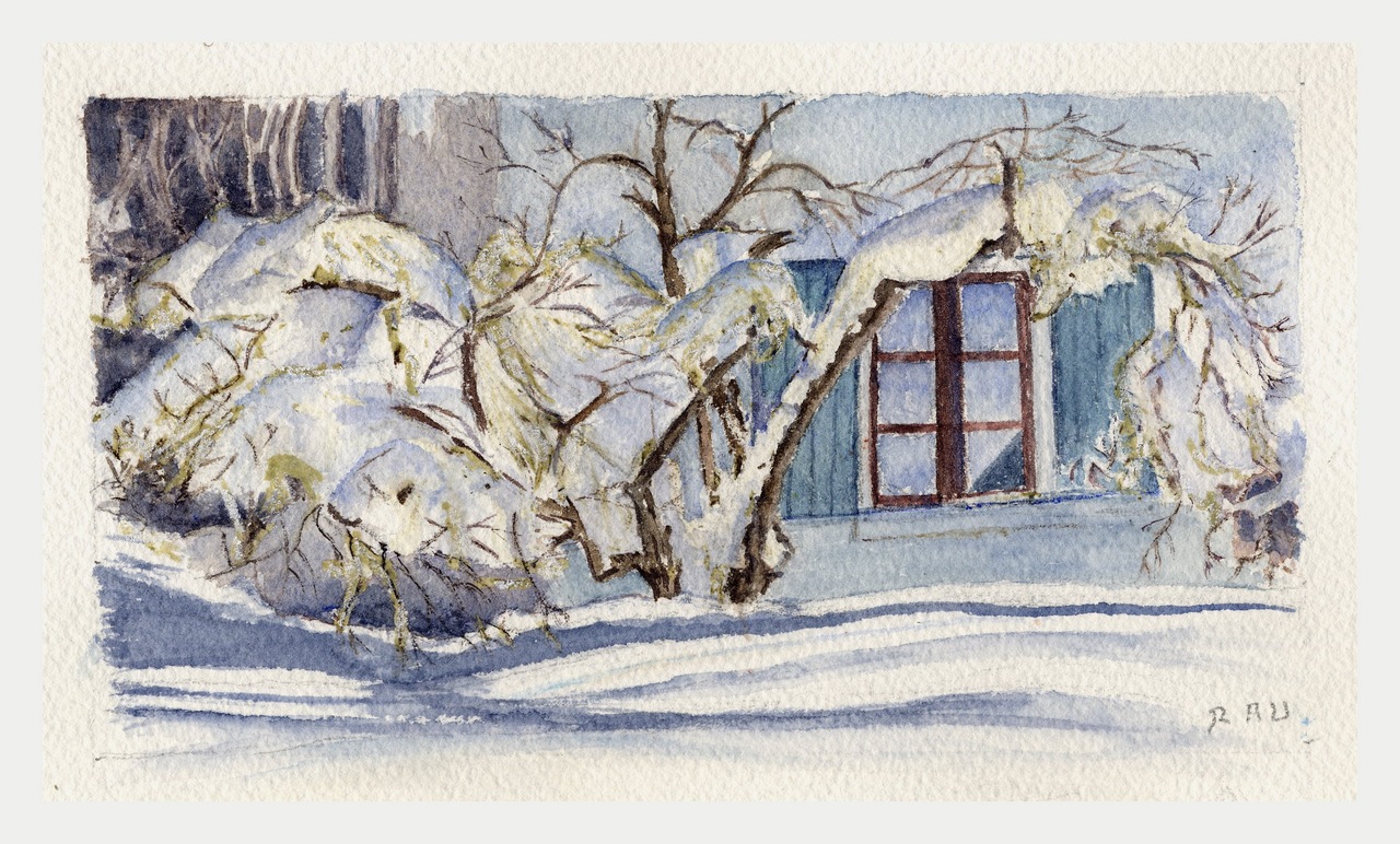 Lans en Vercors - Maison sous la neige Aquarelle copyright Christiane Rau 2012