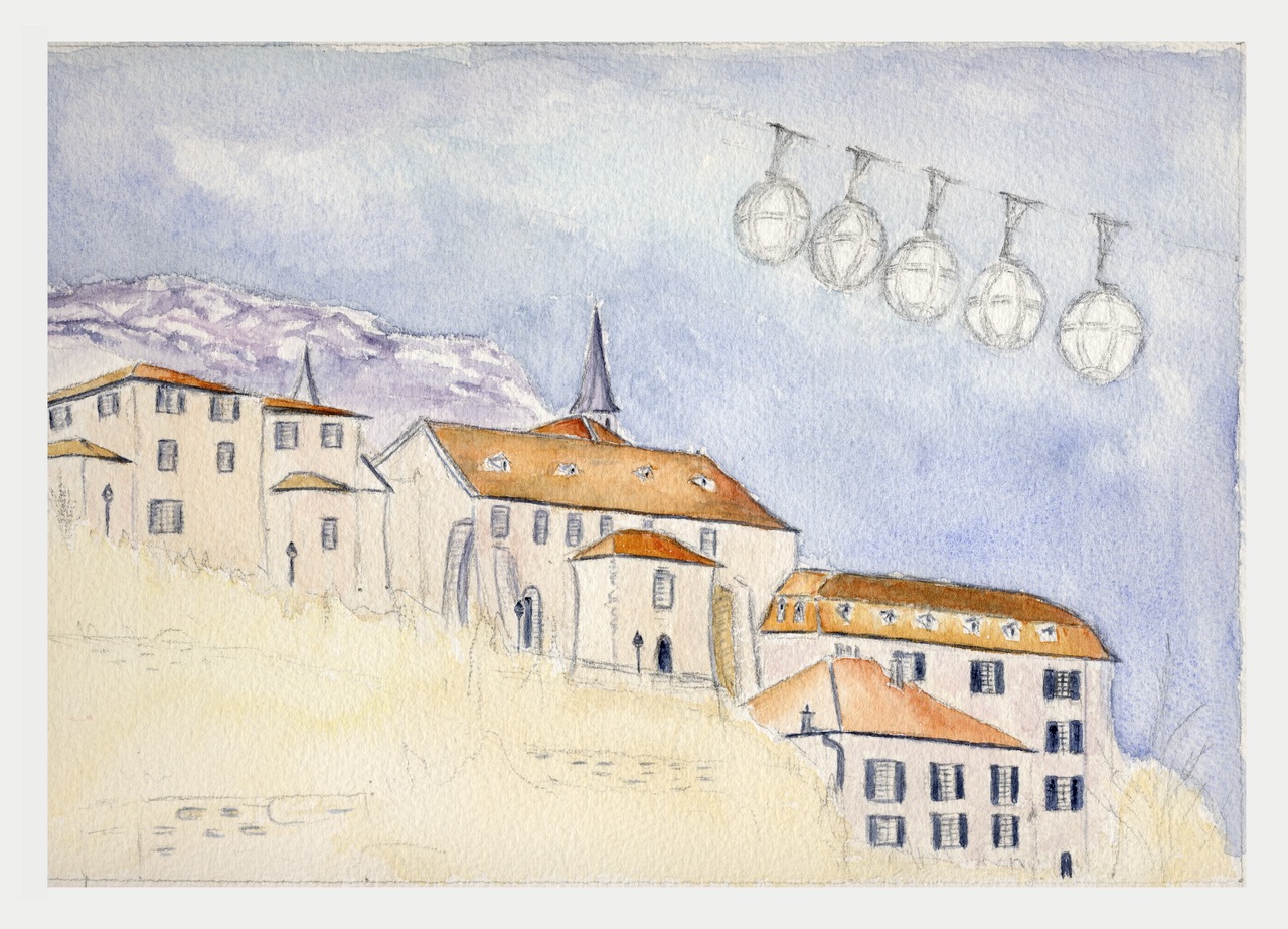 Grenoble, Ste-Marie d'en Haut et les "bulles" Aquarelle "en cours" - Christiane Rau 2009