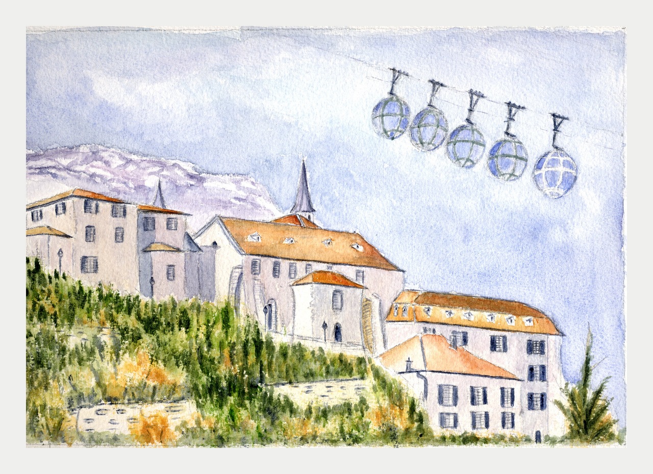 Grenoble, Ste-Marie d'en Haut et les "bulles" Aquarelle terminée - Christiane Rau 2009