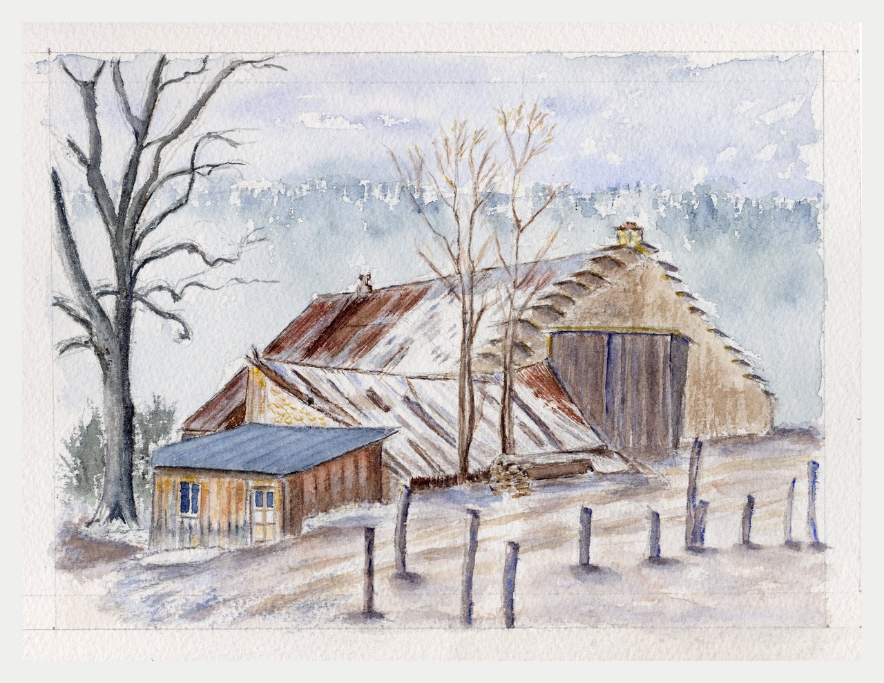 Lans en Vercors - neige sur Le Peuil, Aquarelle copyright Christiane Rau 2010