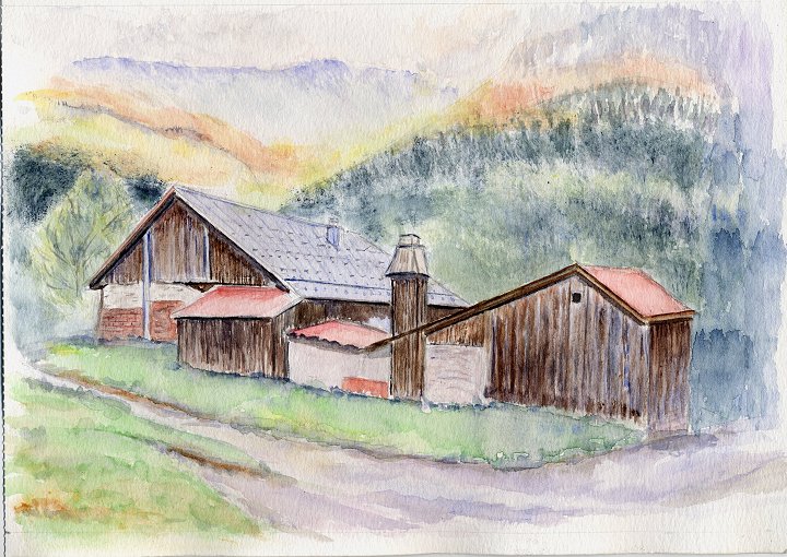 Hameau du Baptieu aux Contamines-Montjoie - Aquarelle © Christiane Rau 2011