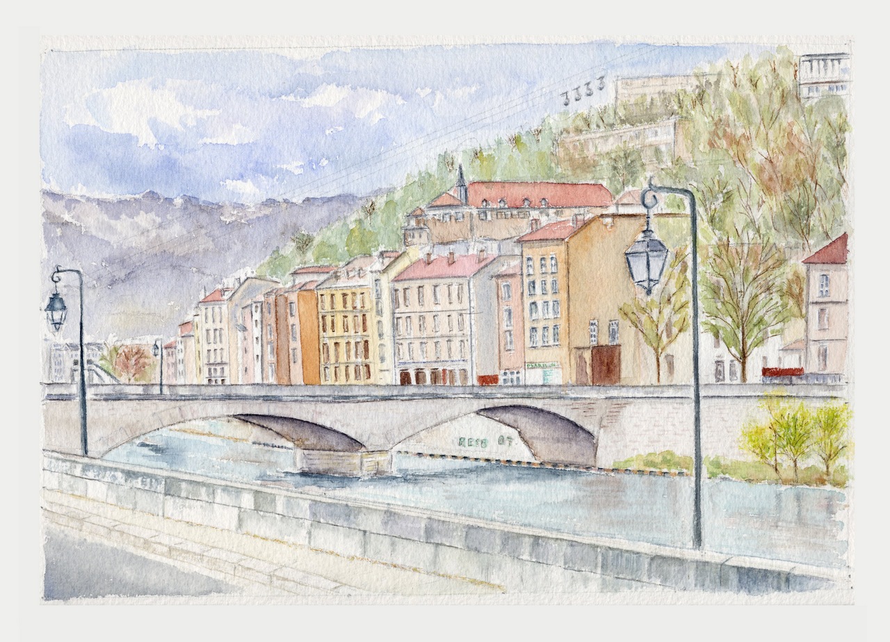 Grenoble - quais de l'Isère - Aquarelle copyright Christiane Rau 2012