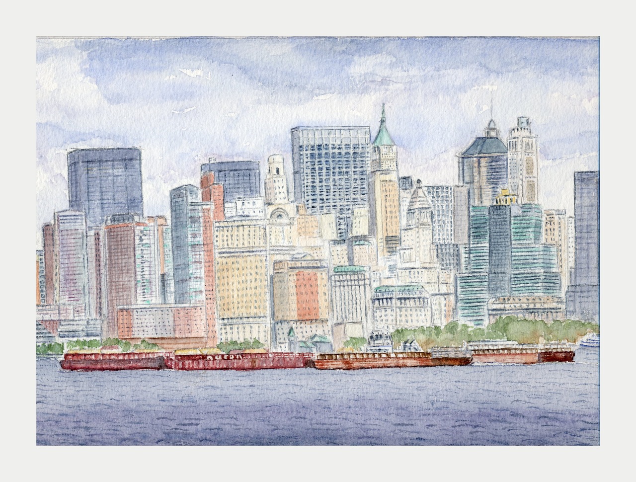 Barges à Manhattan - Aquarelle copyright Christiane Rau 2011 d'après photo de Johann Rau