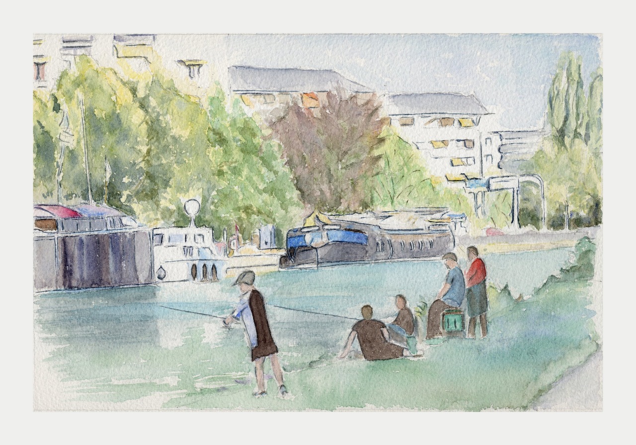 Canal de la Vesle à Reims - Aquarelle copyright Christiane Rau 2013 d'après photo de  Christian