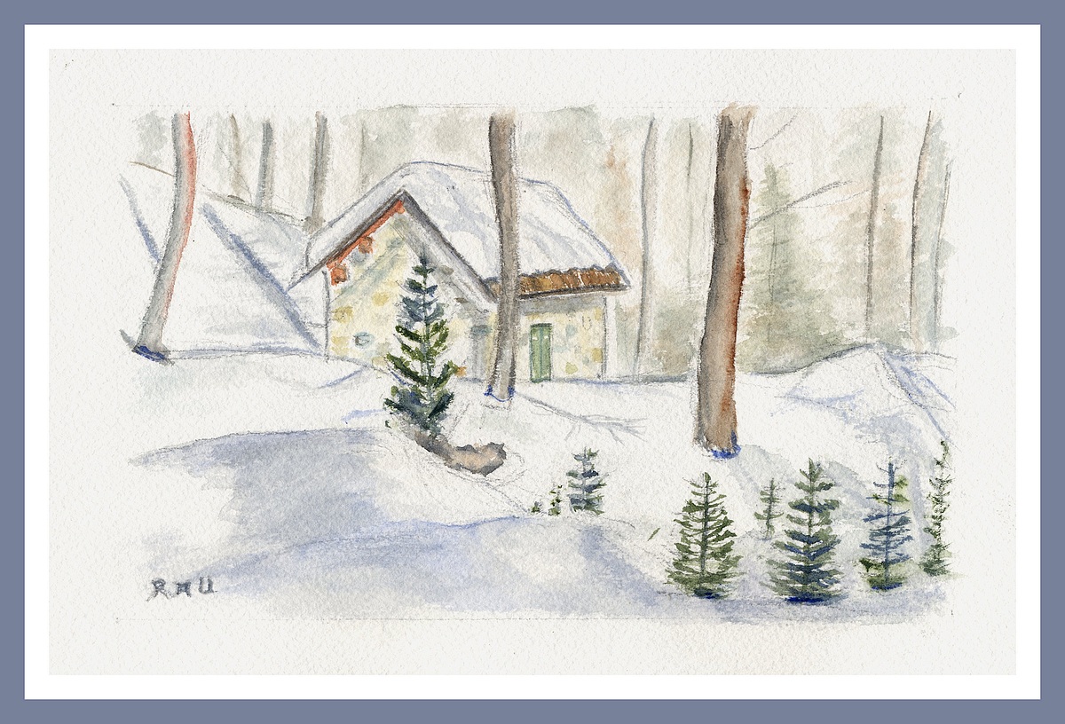 Chalet forestier des Thures en hiver - Aquarelle © Christiane Rau - 04 / 2021