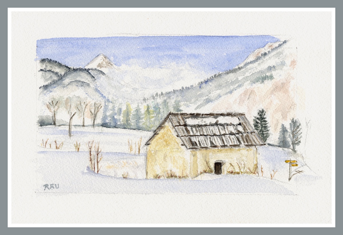 St-François Régis en hiver (Plampinet) - Aquarelle © Christiane Rau - 05/ 2021