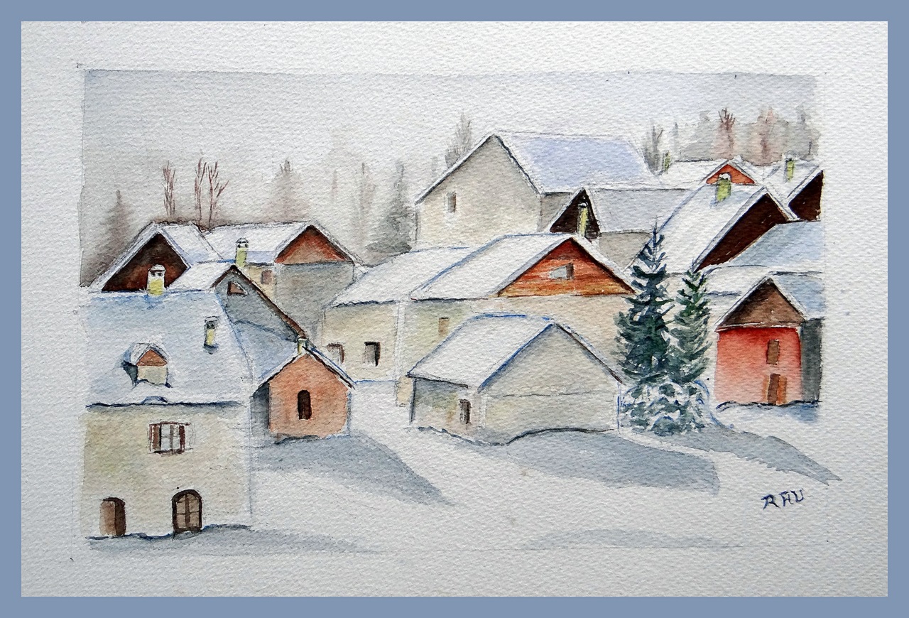 Névache, Ville Haute, février 2025 - Aquarelle de Christiane Rau