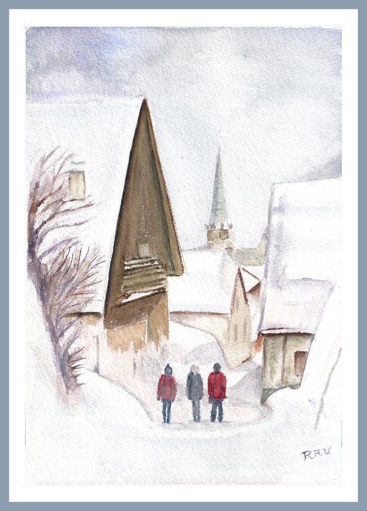 Névache Ville Haute, hiver 2018 - Aquarelle © Christiane Rau 2018-09