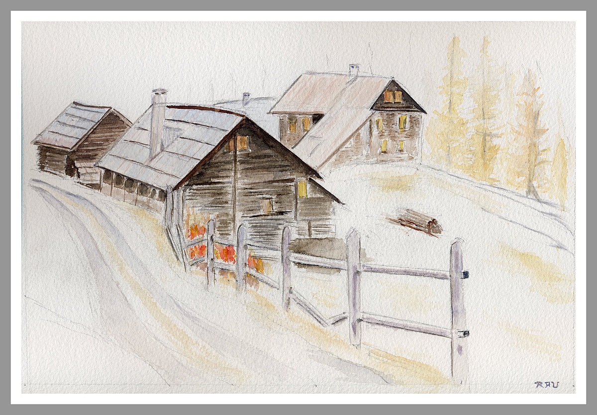 Chalets du Verney - haute vallée - Aquarelle © Christiane Rau - octobre 2020