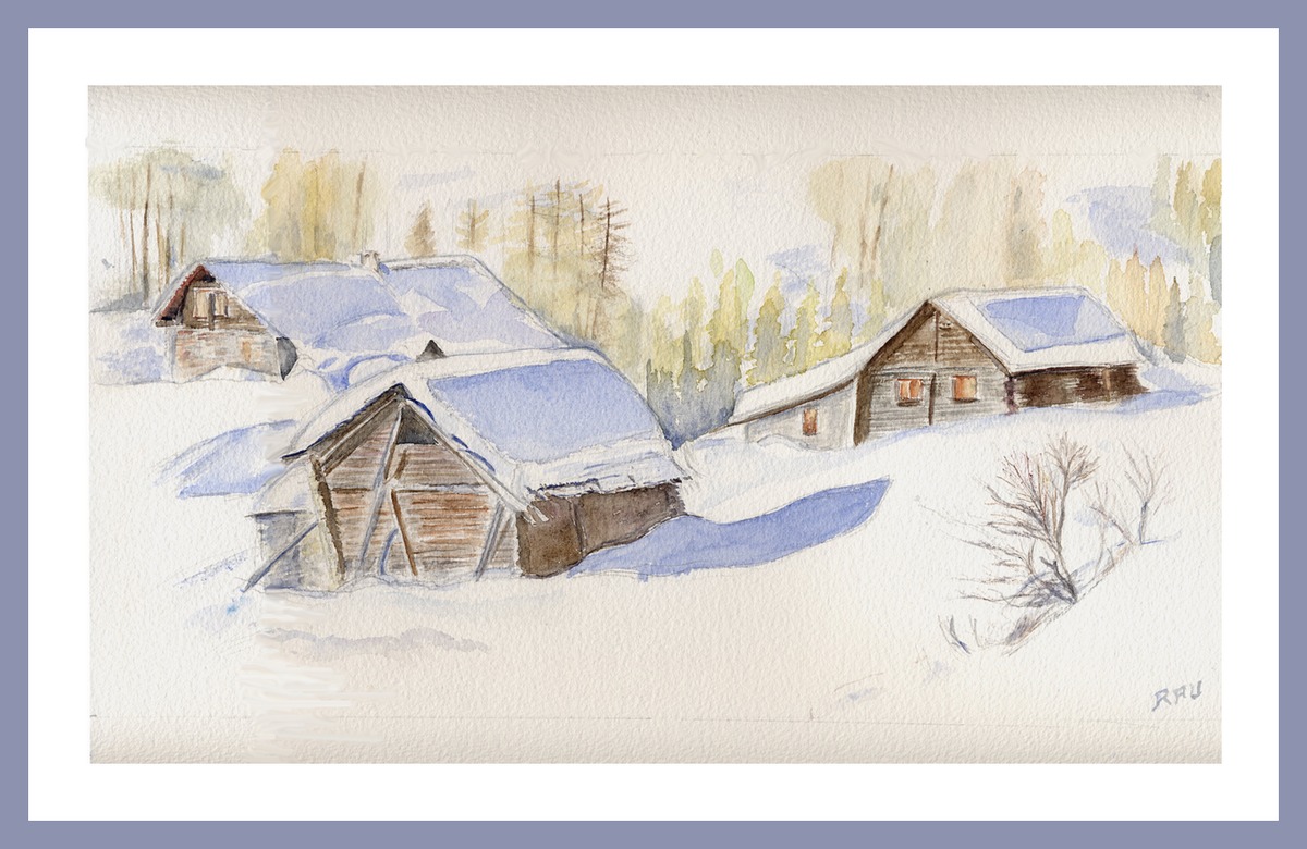 Hiver aux chalets du Verney - haute vallée - Aquarelle © Christiane Rau - avril 2020