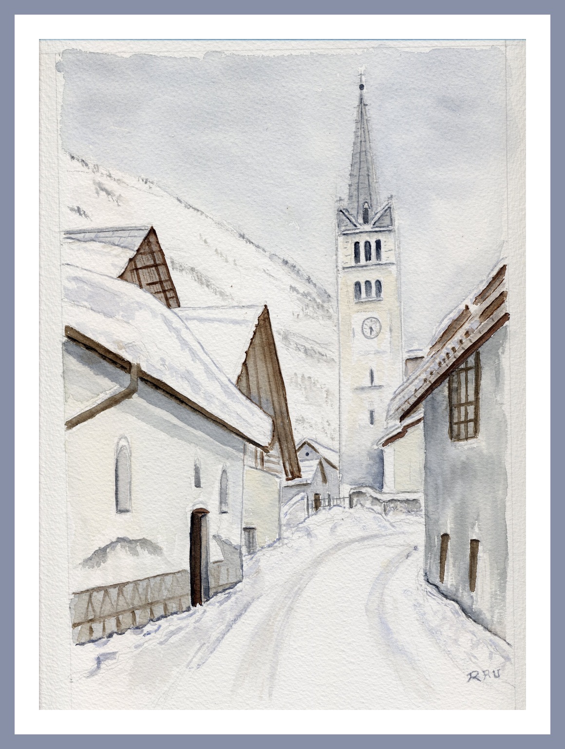 Névache Ville Haute, l'église St-Marcellin  - Aquarelle - © Christiane Rau 04/2023