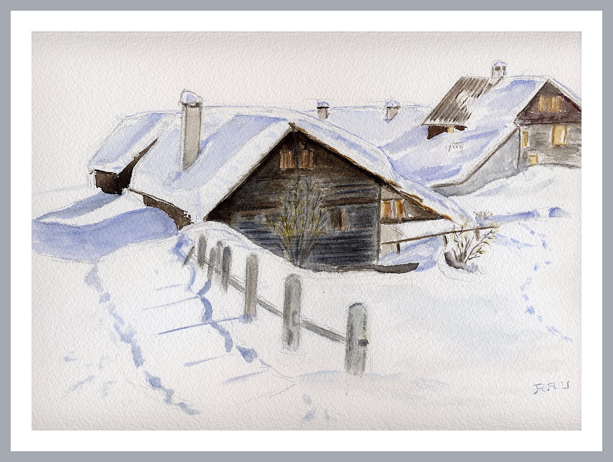 Chalets du Verney en hiver - Aquarelle © Christiane Rau - 03/ 2021