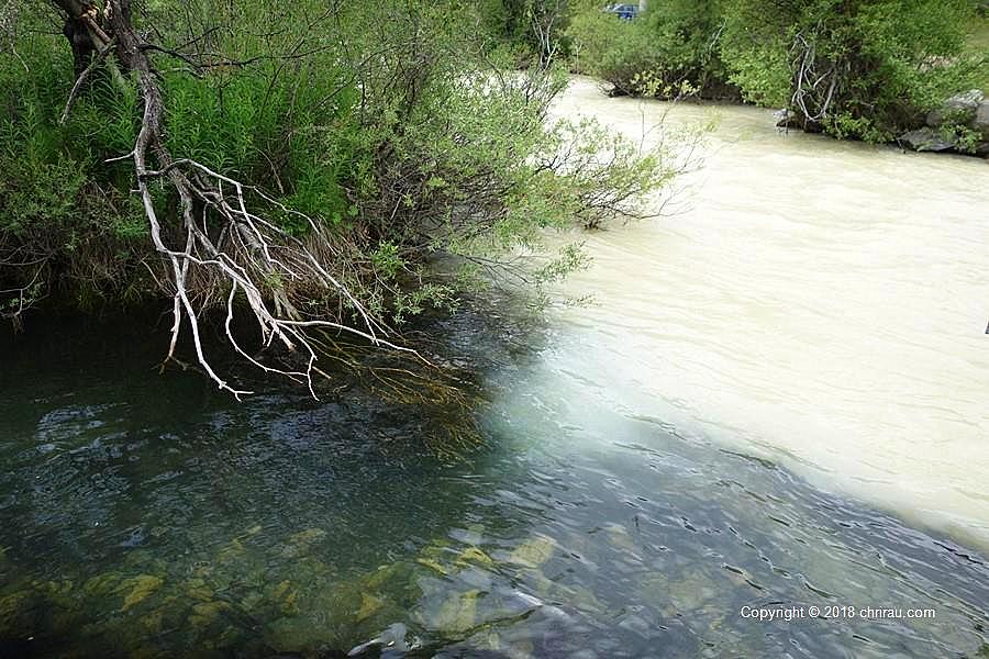 Mélange des eaux au confluent de la Bélière et de la Clarée Mélange des eaux au confluent de la Bélière et de la Clarée