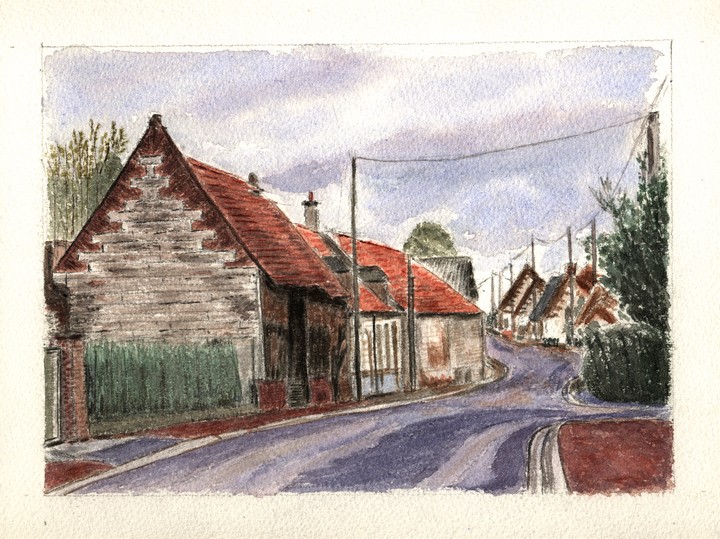 Rivière, maisons typiques de l'Artois - Aquarelle Christiane Rau © 2007