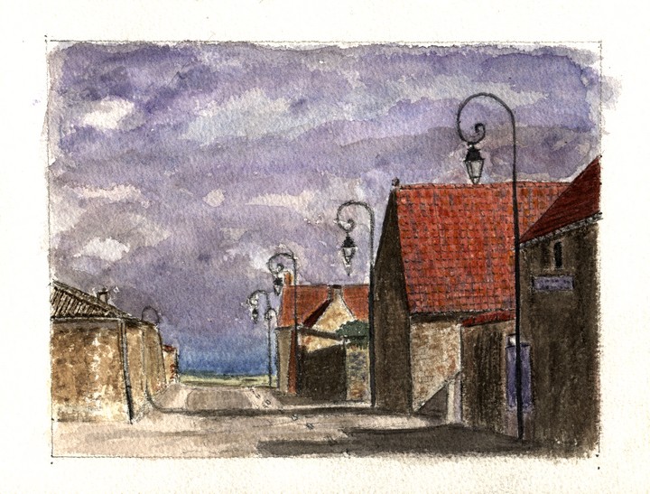 Village perché de Bazinghen (Boulonnais) - Aquarelle © Christiane Rau 2007