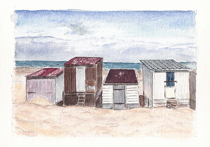 Cabines de bain de Blériot-Plage à Calais - Aquarelle © Christiane Rau 2010