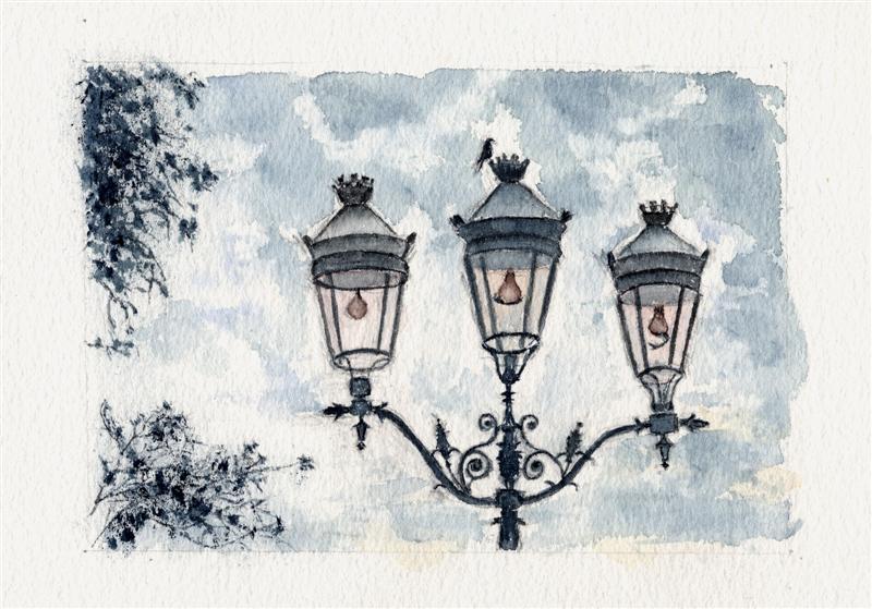 Réverbères à Montmartre - Aquarelle © Christiane Rau 2012