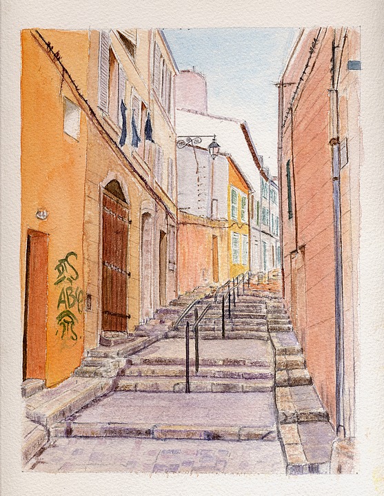 Marseille, rue des Moulins (Panier) - Aquarelle © Christiane Rau 2008