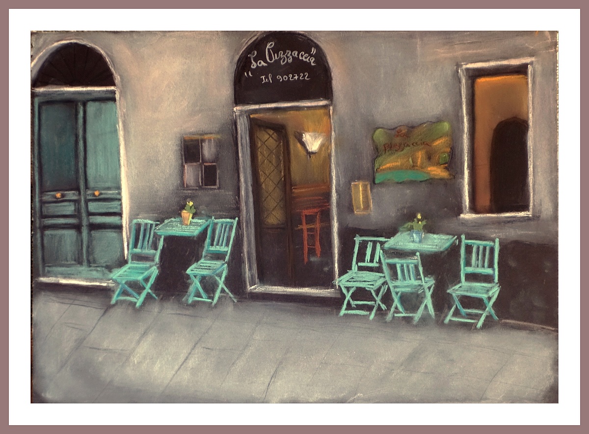 Terrasse conviviale à Porto Venere (Ligurie) - Pastel © de Christiane Rau, 03/2018