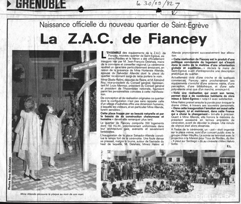 Inauguration, place Allende, en 1981. Mme Allende dévoile la plaque en mémoire de son mari... (Article du Dauphiné Libéré) Inauguration, place Allende, en 1981. Mme Allende dévoile la plaque en mémoire de son mari... (Article du Dauphiné Libéré)e Allende dévoile la plaque e